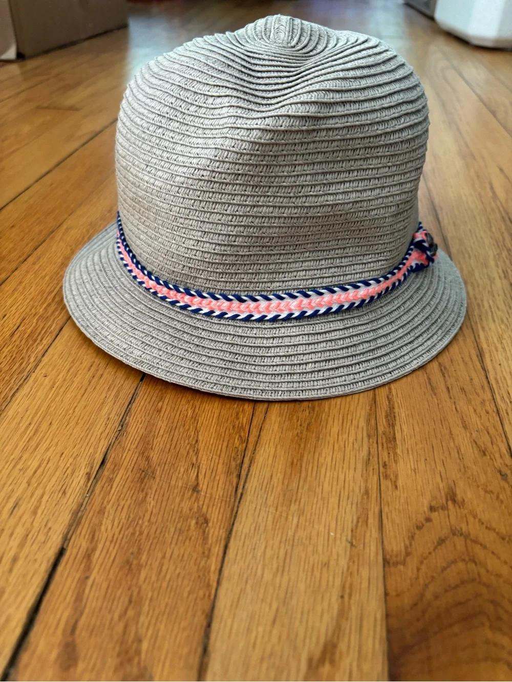 Kids Neutral Beige Bucket Hat with Pink & Navy Braid